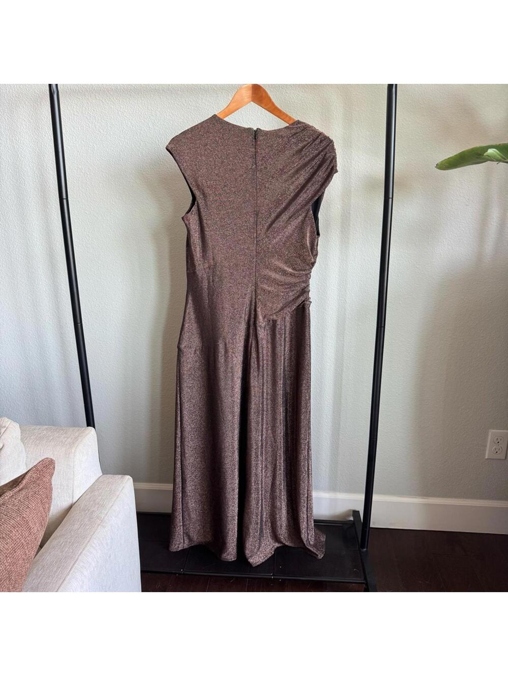 Maggy London Brown Metallic Midi Dress Size 14 Cap Sleeve Ruched Wedding Guest - Picture 7 of 10